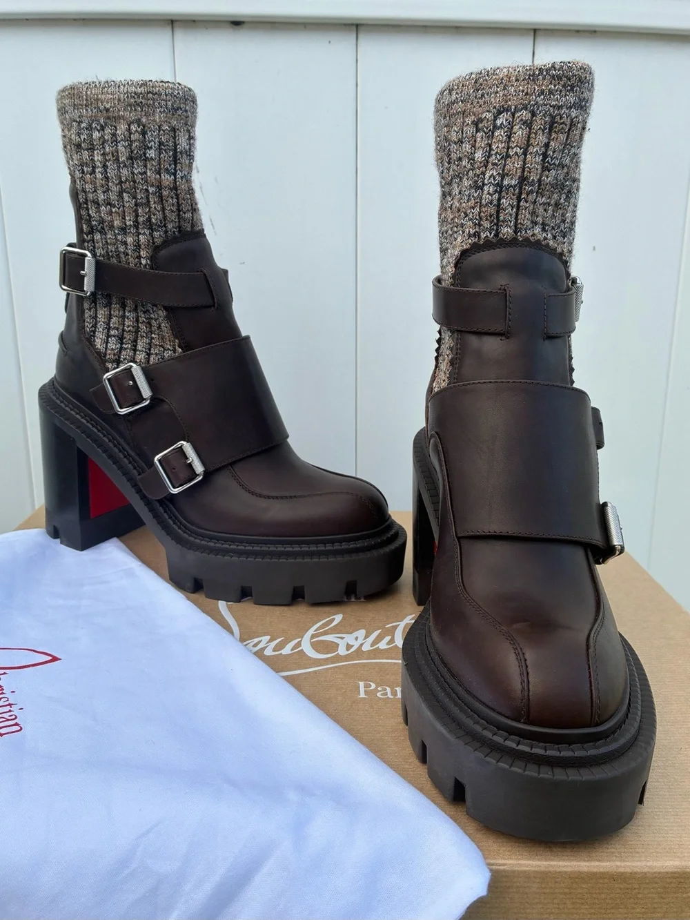 CHRISTIAN LOUBOUTIN CORTINETTA COLLEGE BROWN LEATHER ANKLE BLOCK HEEL BOOT 38.5
